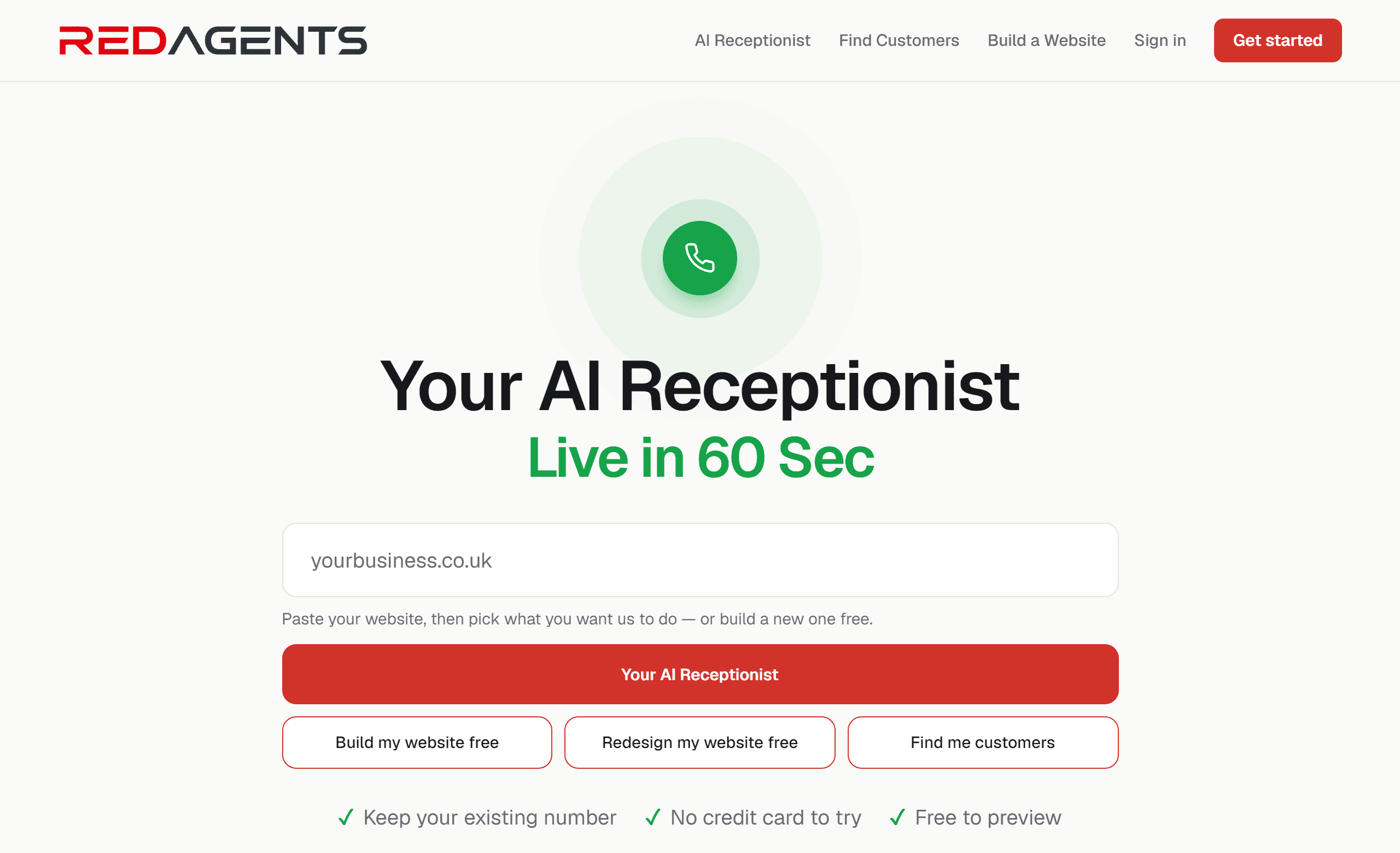 The RedAgents homepage: AI staff for your business, starting with a receptionist that never misses a call.