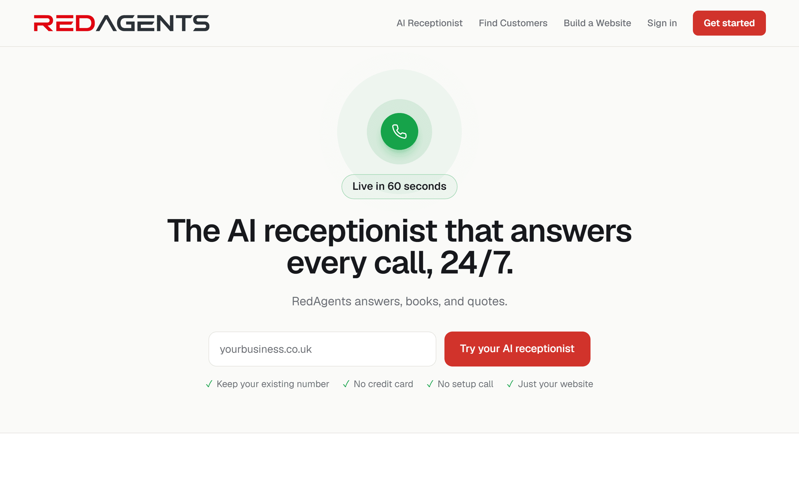 The RedAgents AI receptionist page: an AI receptionist that answers every call for your business.